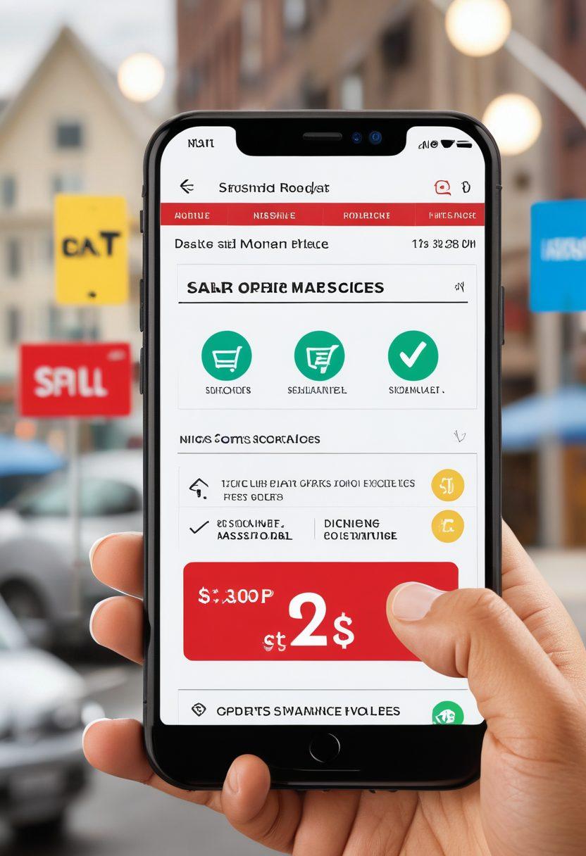 A modern digital marketplace filled with diverse insurance options, featuring price tags with discounts, a magnifying glass examining a closeout sign, and a person engaging with a smartphone displaying various policies. The atmosphere is energetic and hopeful, surrounded by symbols of savings such as dollar signs and checkmarks. Bright colors and a sleek, user-friendly design emphasize accessibility. vibrant colors. flat design. 3D.