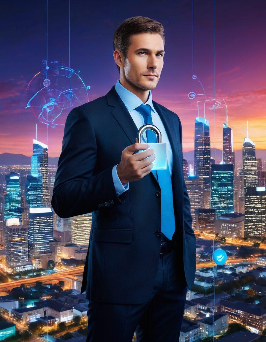 A modern businessman unlocking a digital padlock surrounded by floating icons of insurance options like home, auto, and health, symbolizing access to wholesale options and savings. The background showcases a city skyline with a digital overlay, reflecting innovation in the insurance sector. Bright colors and a tech-inspired design enhance the concept of digital transformation. vibrant colors. super-realistic. 3D.