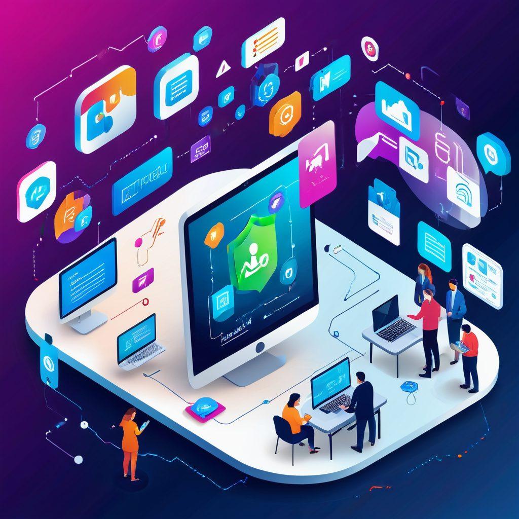 A modern digital landscape depicting a diverse group of people engaging with various digital devices, surrounded by floating icons representing insurance policies, affordability, and security. The scene includes visual elements like charts, calculators, and friendly customer support avatars, symbolizing ease and understanding in the insurance process. The atmosphere is bright and inviting, showing a collaborative and tech-savvy environment. super-realistic. vibrant colors. digital art.